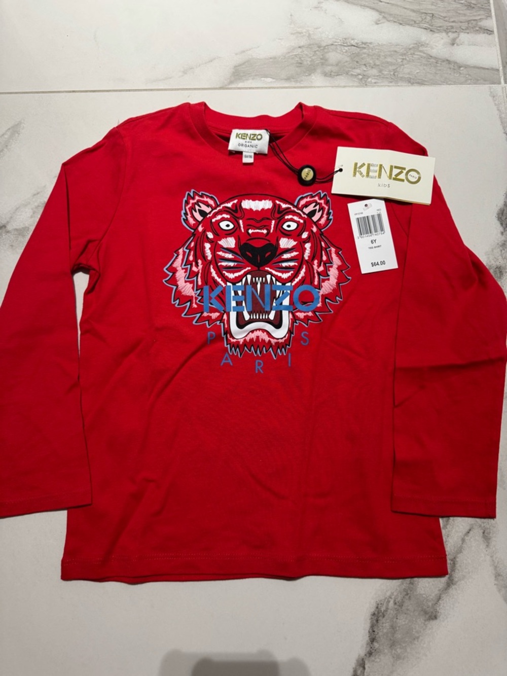 Kenzo Kids Red Long-Sleeve Tee with Tiger Motif